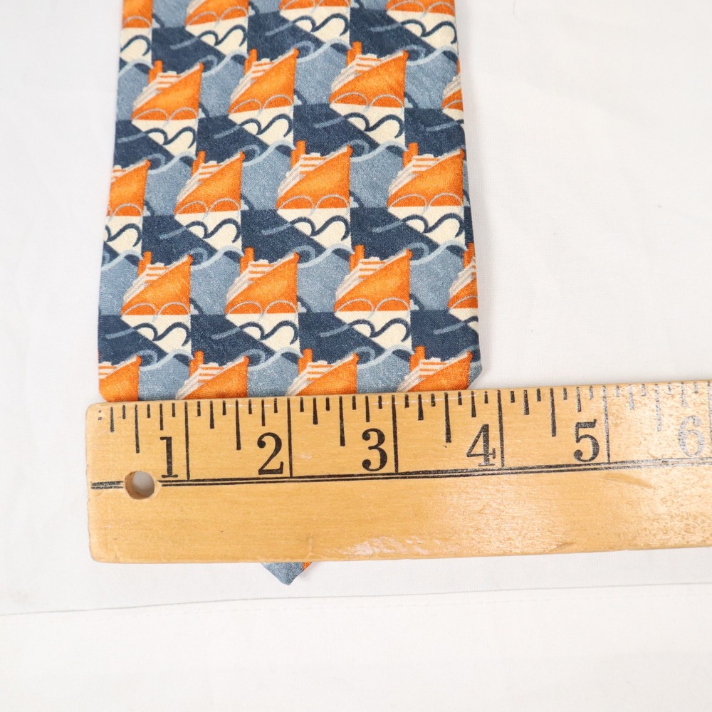 Gentleman Givenchy Paris 100% Silk Tie Orange Blue Sailboat Nautical Wave Print - Picture 5 of 5